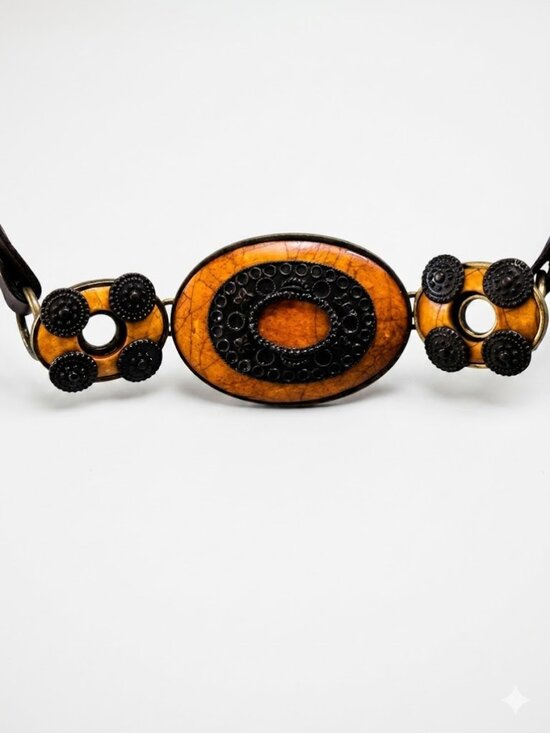 Chico\'s Boho Statement Belt S/M, Honey Amber Wood & Studded Leather, Adjustable main image 8